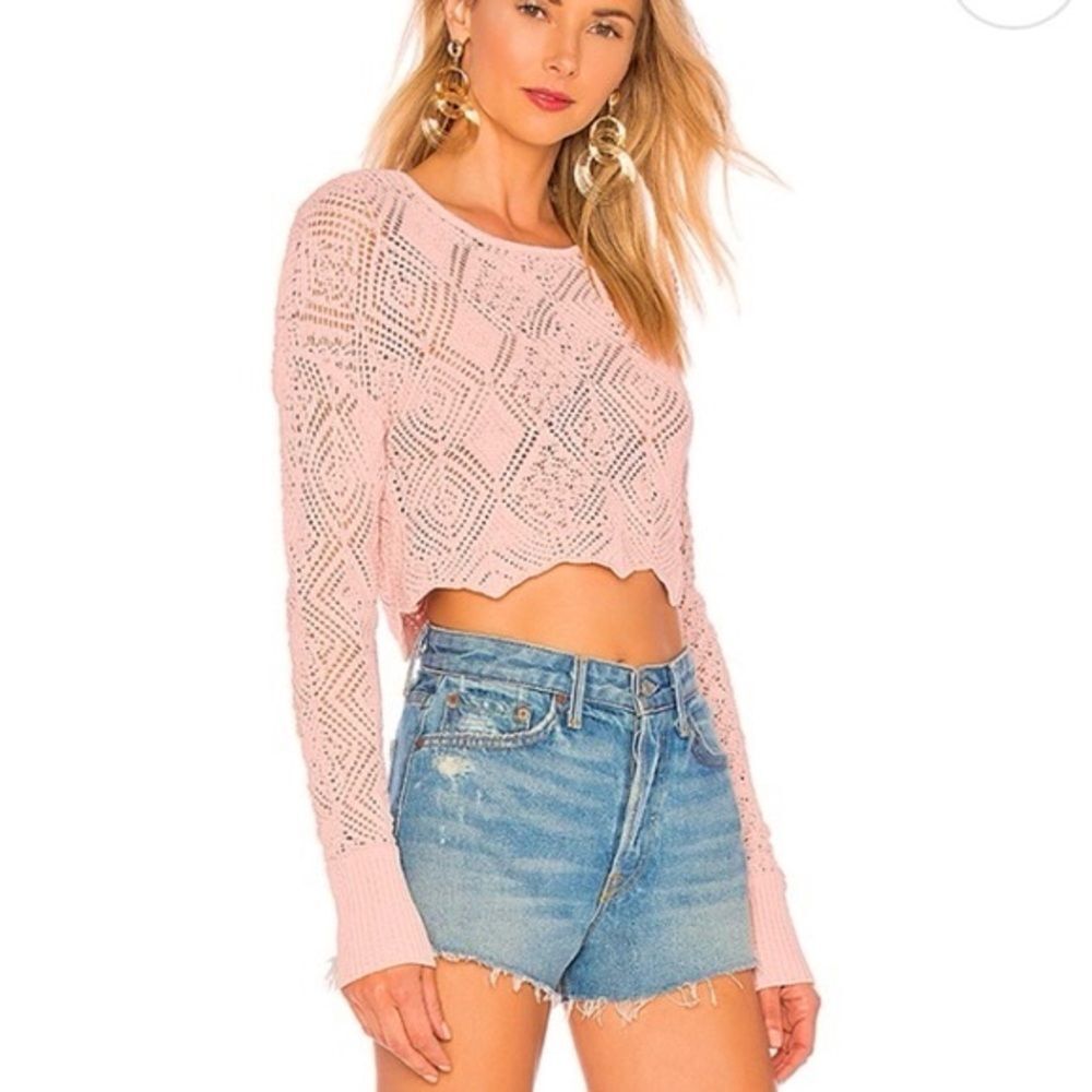 Ronny Kobo Avia Crochet Cropped Knit Top Sweater Pink Size S